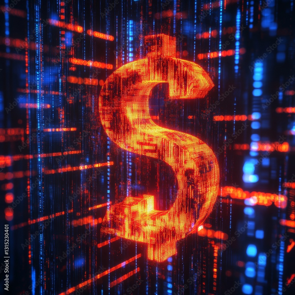 Poster glowing digital dollar symbol surrounded by streams of data in an abstract financial landscape