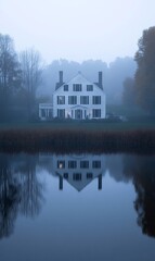 Fototapeta premium Misty Morning Reflection of Mansion on Calm Water