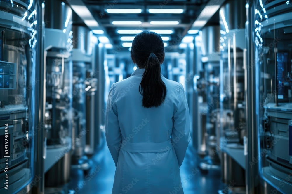 Poster A scientist in a lab coat stands in a modern research facility, surrounded by advanced technology.