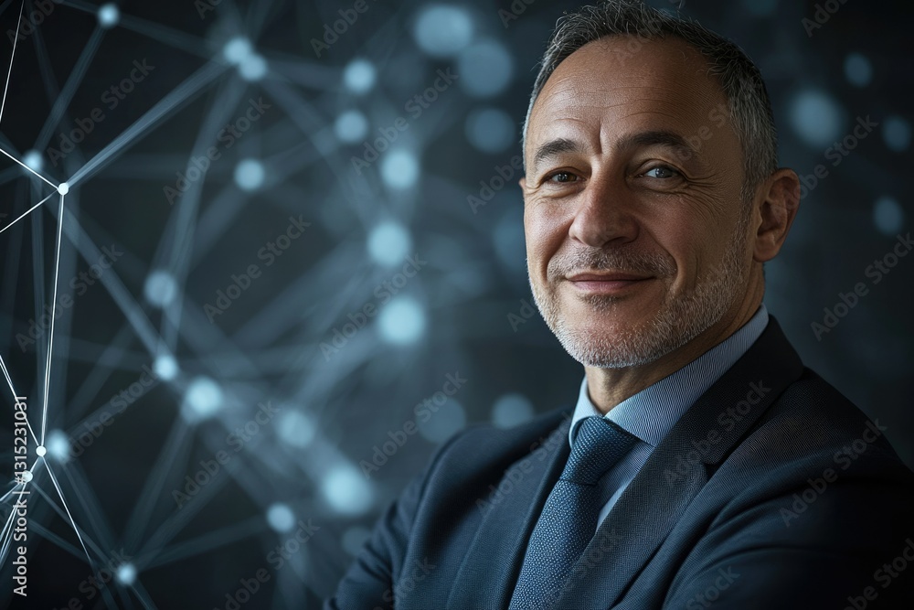 Poster confident businessman portrait against an abstract network background, symbolizing connection and su