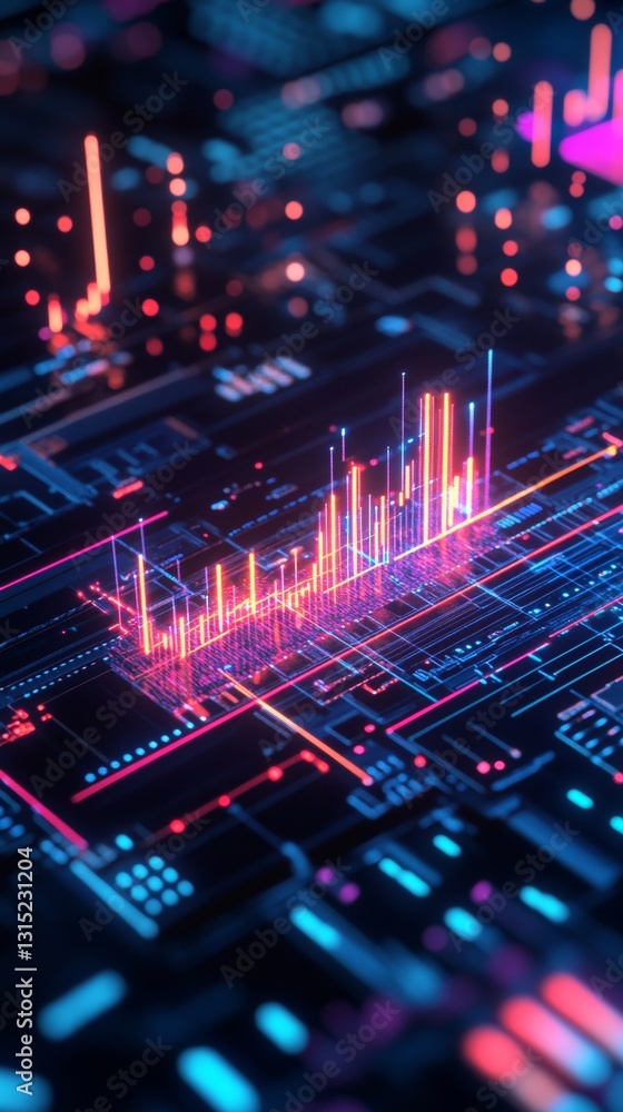 Poster abstract digital data visualization with colorful neon lights representing information patterns