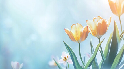 A bouquet of delicate tulips on a light blue background.  Tulips in bloom. Spring flowers in the garden. BOkeh background.
