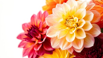 Obraz premium Realistic close-up of a mixed bouquet of dahlias, with a focus on a single, richly colored bloom, white background