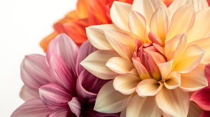 Naklejka premium Realistic close-up of a mixed bouquet of dahlias, with a focus on a single, richly colored bloom, white background