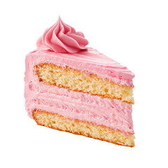 a piece of cake with pink frosting on a white background