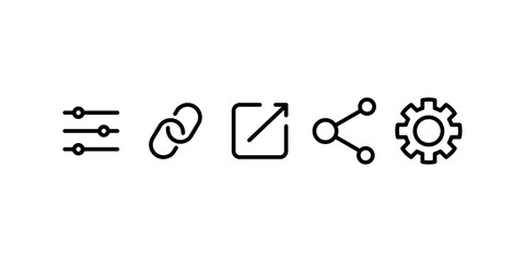 Icons for settings, link, edit, share, and gear. Suitable for digital design projects needing user interface elements. Ideal for web designers.