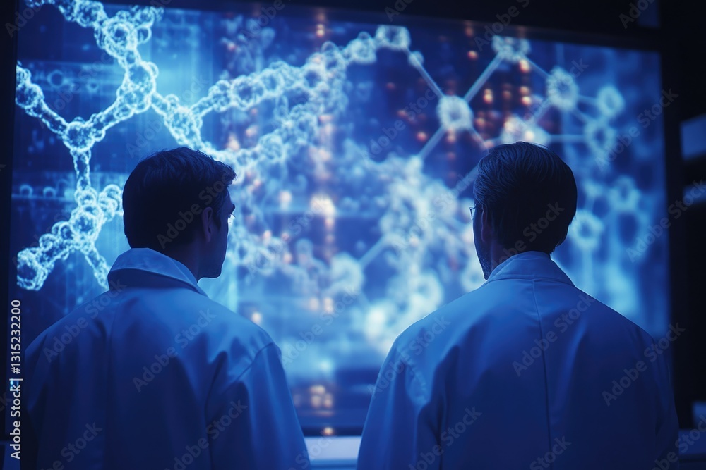 Leinwandbilder Two scientists analyze complex molecular structures displayed on a large screen, examining intricate details of the network.