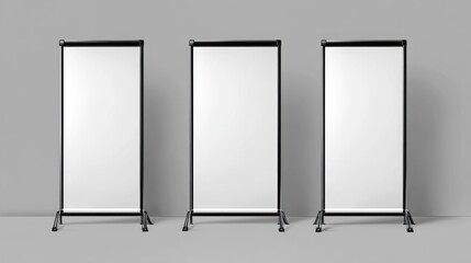 Three blank vertical banners on stands.