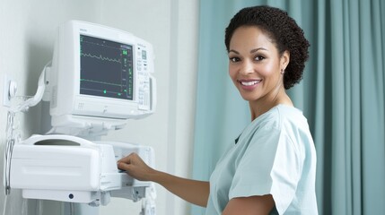 A nurse adjusting medical equipment in a hospital room with a focused expression on a white isolated background
