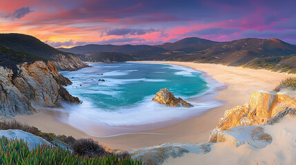 Naklejka premium Coastal sunset panorama serene beach, turquoise waves crashing on golden sand, dramatic cliffs, and vibrant sky. Ideal for travel brochures or desktop wallpapers