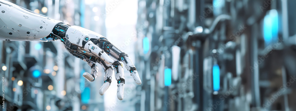 Poster modern futuristic robotic arm holding tool in modern urban setting. concept of advanced technology, 