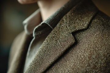 Close-up of a man's brown tweed jacket lapel, showcasing the fabric's texture and detail.
