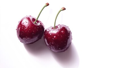 Two ripe red cherries with water droplets on white background.
