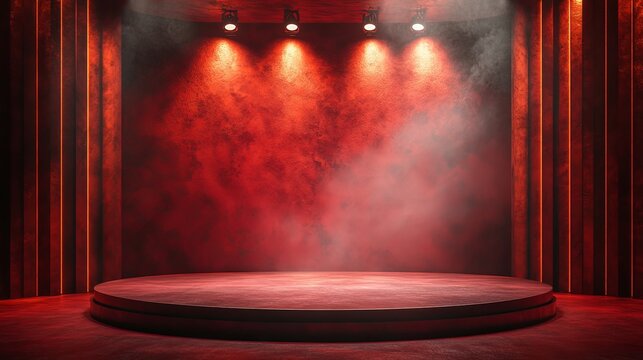 Stage set for a dramatic performance illuminated by warm red lights in an intimate theater venue