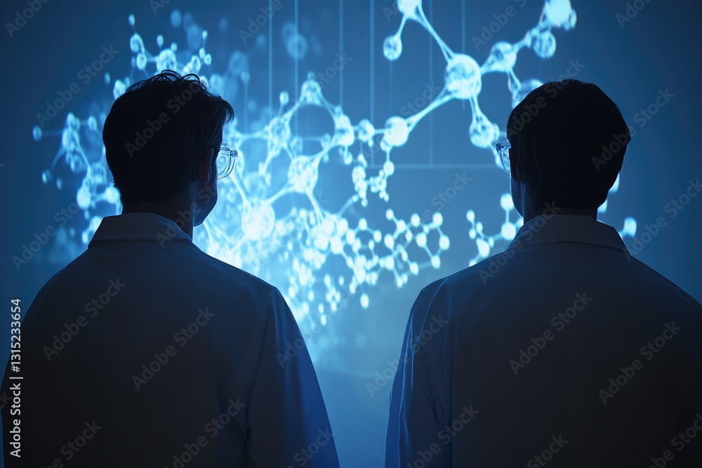 Leinwandbilder two scientists examining a complex molecular structure projected on a screen, likely collaborating o