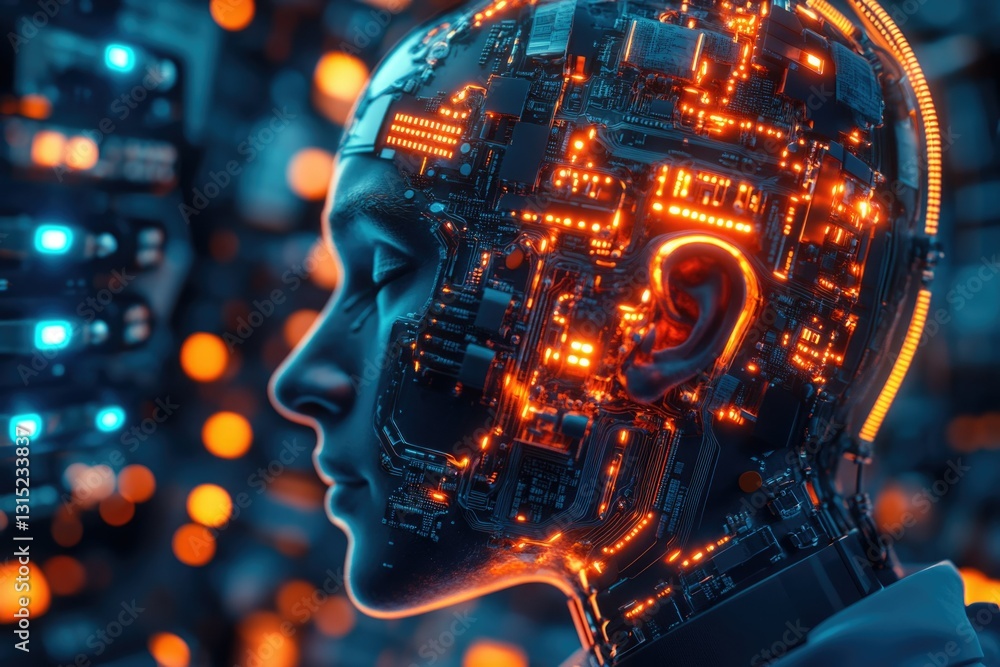 Poster a futuristic depiction of a human head with exposed circuitry, symbolizing artificial intelligence a