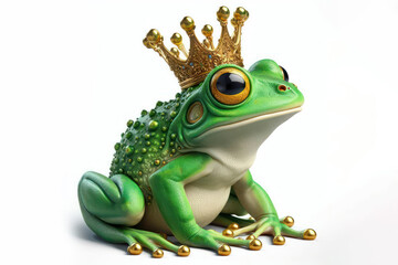 Obraz premium Green fairy frog with golden crown, isolated