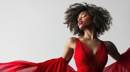 Fototapeta premium A fashion-conscious woman wearing a red dress with a dramatic pose, showcasing her style on a white isolated background