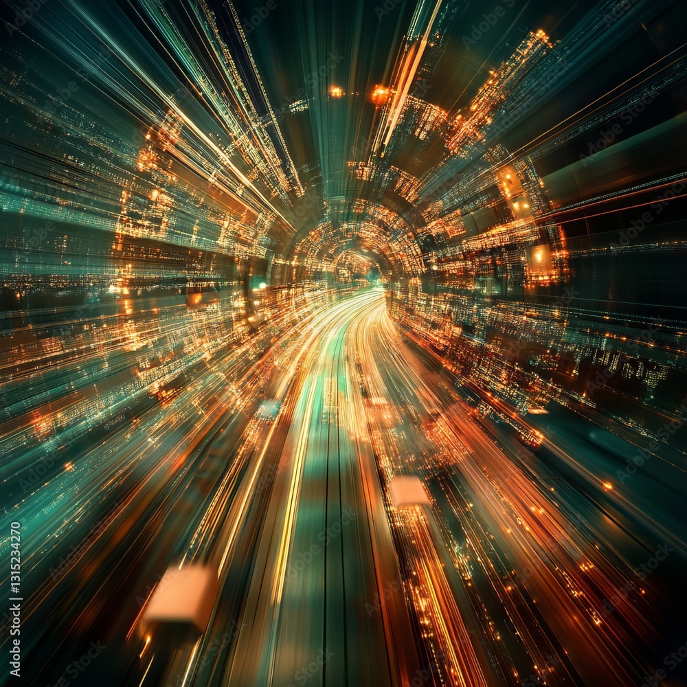 Poster an abstract representation of a vibrant tunnel space featuring a burst of colorful lights and dynami