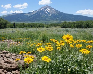 Mountain meadow wildflowers under a blue sky