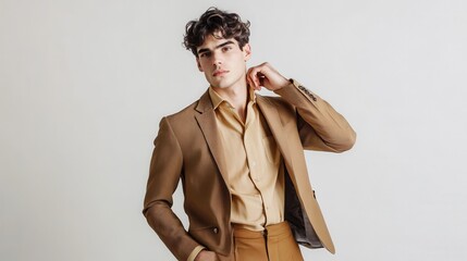 A male fashion model wearing a tailored blazer and trousers, striking a pose with one hand in his pocket on a white isolated background