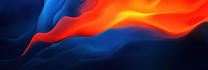 Fototapeta premium Abstract background with a blue and orange gradient, featuring wavy shapes against a dark background, banner design