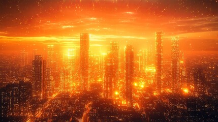 Fototapeta premium Golden sunset casts vibrant light over a sprawling urban skyline with towering skyscrapers