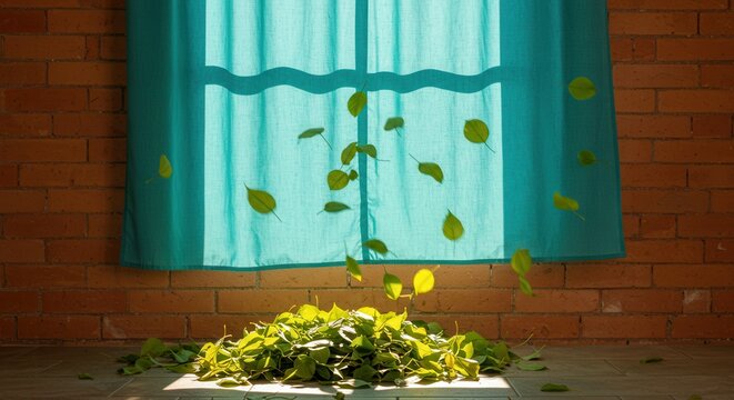 Falling Leaves and Blue Curtain Creating an Indoor Autumnal Vibe