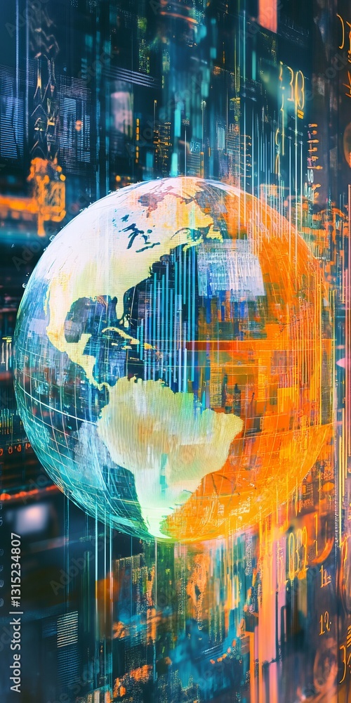 Poster a vibrant digital globe representing earth, surrounded by abstract technology elements and data visu