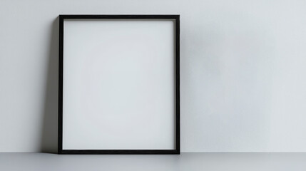 Clean and minimalist poster frame on desk with company branding. concept of simplicity, modern design, marketing visuals, blank template for creativity. Mockup. Copy space