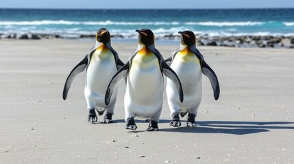 Obraz premium Three King Penguins Walking on a Beach