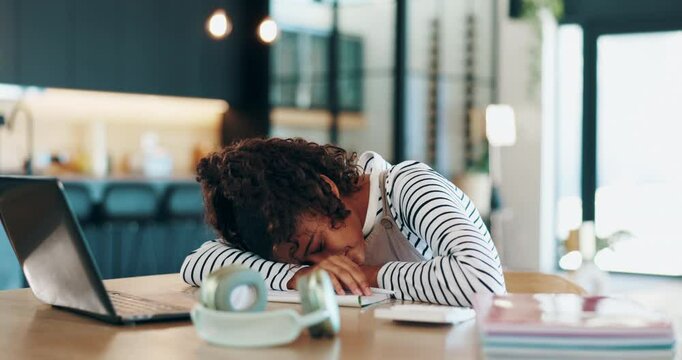 Laptop, tired girl and sleep with homework, elearning lesson and education for knowledge. Home school, technology and child student nap for streaming, virtual class and remote assignment in house