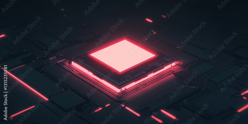 Poster futuristic microchip design with neon glow in digital technology abstract composition
