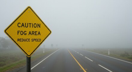 Driving Through Fog Area Road with Caution Sign and Reduced Visibility