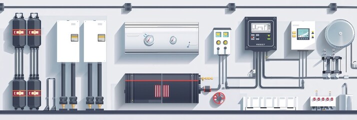 Heating system setup in a basement featuring gas and electric boilers, radiators, and control equipment for efficient home warmth and comfort