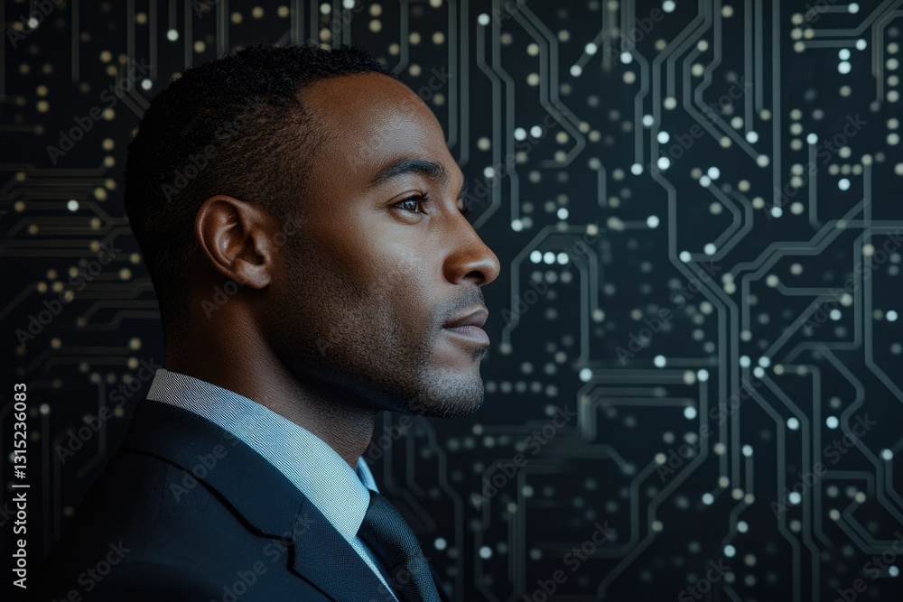 Poster a thoughtful businessman profiled against a circuit board background, symbolizing technology and lea