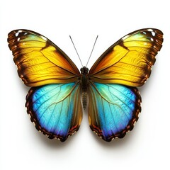 Fototapeta premium A colorful butterfly showcasing beautiful blue and orange wings, isolated on a white background, excellent for nature and wildlife themes