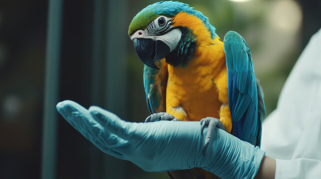 Colorful parrot perched on veterinarian's gloved hand in clinic setting. concept of pet care, aviary health, animal companionship, veterinary services, bird