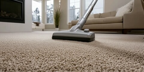 Close-up of a hand vacuuming carpet in a cozy living room, ensuring cleanliness in a bright and welcoming home environment.