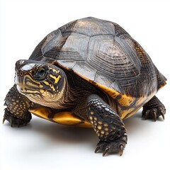 Fototapeta premium A solitary turtle displayed against a white backdrop, highlighting its distinctive shell patterns and vivid colors, perfect for wildlife and nature photography