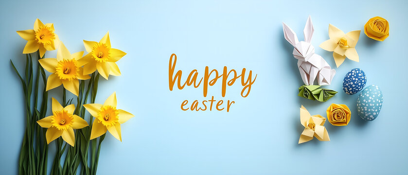 happy easter postcard with flowers, eggs and easter bunny made of paper isolated over bright blue background