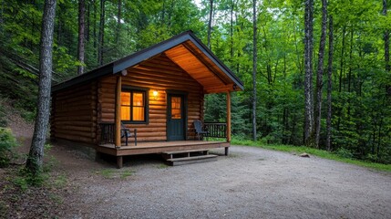 A cozy wooden cabin nestled among lush green trees, illuminated warmly at night, offering a serene escape into nature.