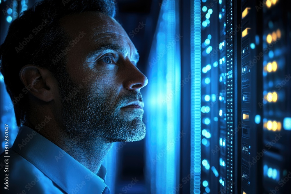 Poster A man gazes intently at a server rack, illuminated by the glowing lights of data processing.