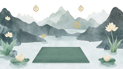 Serene landscape featuring lotus flowers, mountains, and a calm lake, evoking tranquility and peace.