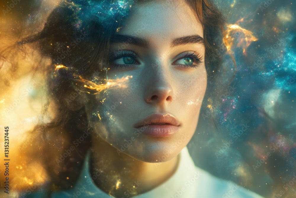 Poster a woman's face merges with a cosmic nebula, creating a surreal and ethereal image.