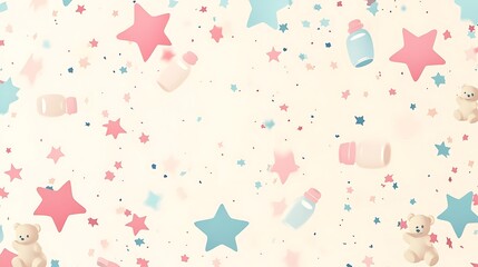 Baby shower background with pastel stars, teddy bears, and bottles.