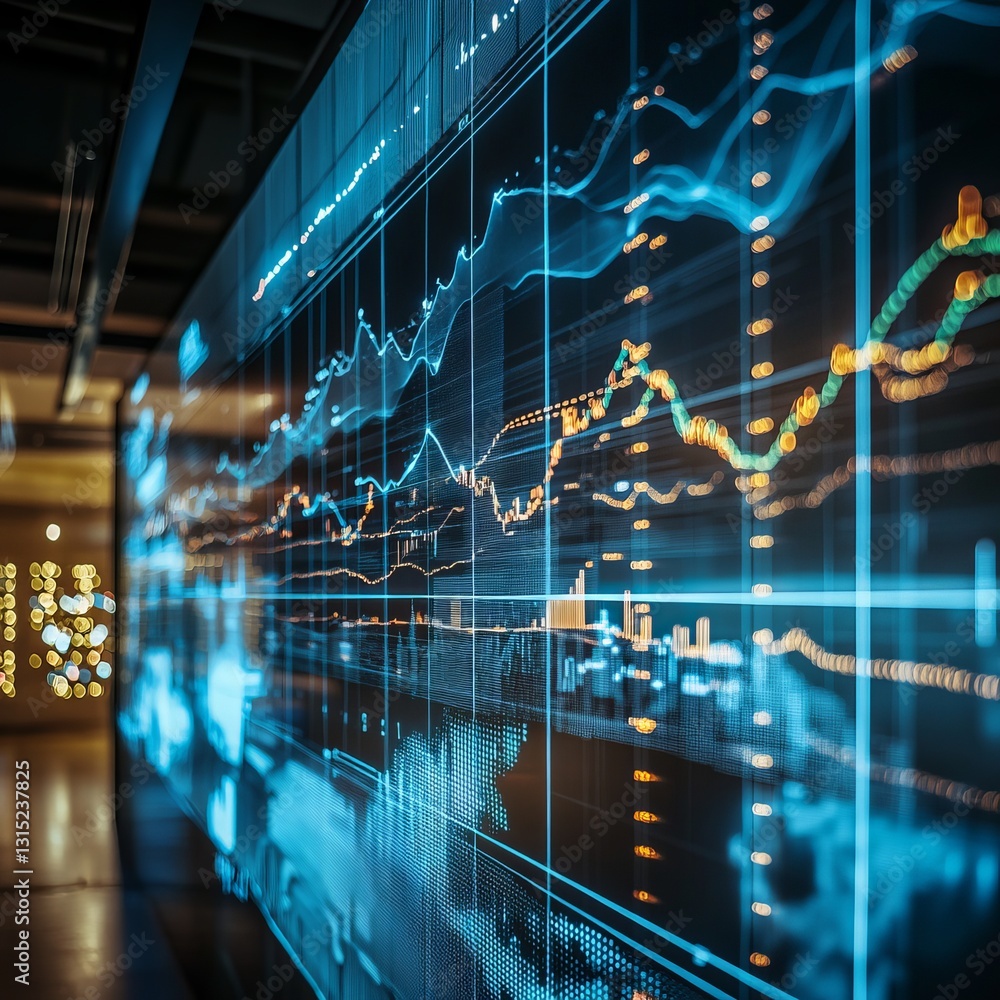 Poster dynamic digital interface displaying stock market data and analysis. this image showcases finance tr