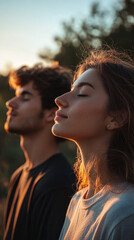 profile of relaxed couple breathing outdoors