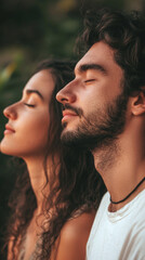 Fototapeta premium profile of relaxed couple breathing outdoors