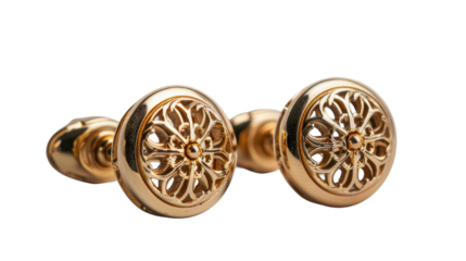 Golden cufflinks with floral design on transparent background